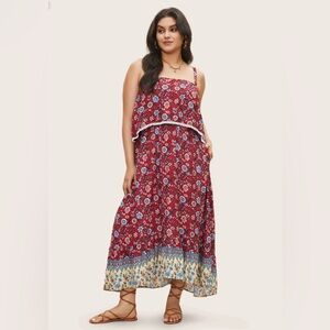 Bandana Print Spaghetti Strap Pocket Ruffles Asymmetrical Hem Maxi Dress